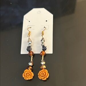 Gold-Tone Orange Rose Dangle Earrings with Faceted Beads